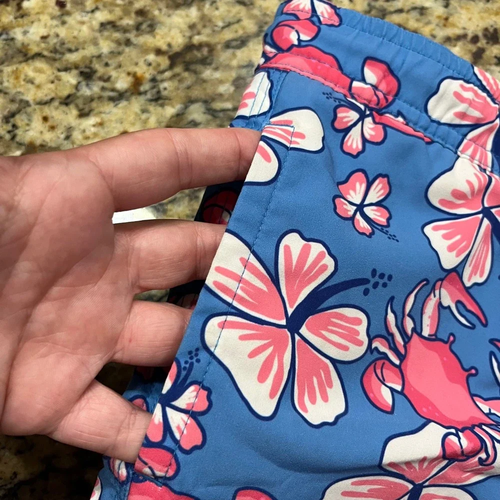 Vineyard Vines Mens Blue Pink Crab Hibiscus Floral Swim Trunks Board Shorts S